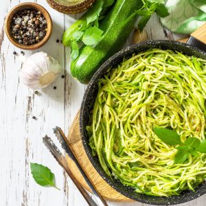 Zucchini Noodles (Veggie Noodles tossed in Ginger and Garlic Paste with Twist of Lemon and curd)