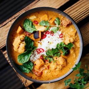Thai Curry (Green & Red) with Japanese Rice and Avocado Salad